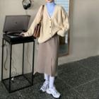 Long-sleeve T-shirt / Cardigan / Midi Fitted Skirt