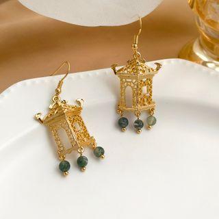 Retro Lantern Faux Gemstone Bead Alloy Dangle Earring 1 Pair - Dark Green Bead - Gold - One Size