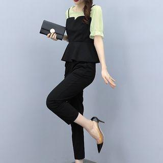 Short-sleeve Chiffon Peplum Blouse / Straight Leg Pants / Set