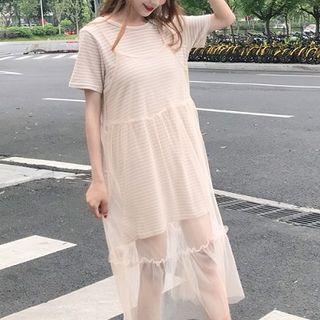 Set: Striped Short-sleeve T-shirt Dress + Mesh Strappy Dress