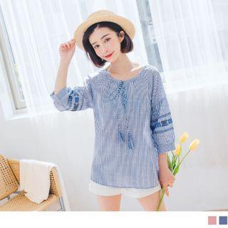 Tasseled 3/4-sleeve Striped Top