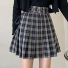 Set: Plaid Pleated Mini A-line Skirt + Belt