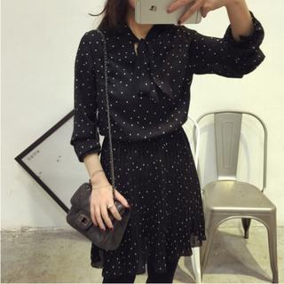 Tie-neck Long-sleeved Dotted Dress