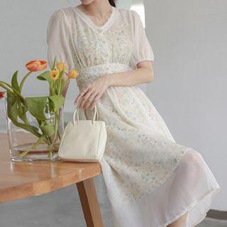 Set: Short-sleeve A-line Dress +spaghetti Strap Floral A-line Dress