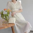 Set: Short-sleeve A-line Dress +spaghetti Strap Floral A-line Dress
