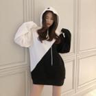 Color-block Long-sleeve Hooded Sweatshirt Black & White - One Size