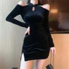 Long-sleeve Cold Shoulder Velvet Sheath Dress