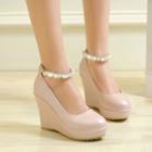 Faux Pearl Ankle Strap Wedge Pumps
