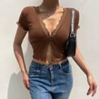 V-neck Lace Trim Cropped T-shirt Brown - One Size