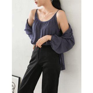 Set: Bishop-sleeve Textured Cardigan + Sleeveless Top