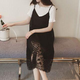 Set: Ribbed Short-sleeve T-shirt + Lace Spaghetti Strap Dress