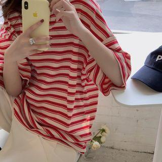 Short-sleeve Striped Loose-fit T-shirt Red - One Size