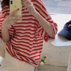Short-sleeve Striped Loose-fit T-shirt Red - One Size