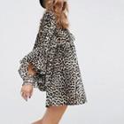 V-neck Leopard Print 3/4-sleeve Dress