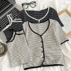 Short-sleeve Striped V-neck Cardigan / Striped Camisole Top