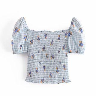 Puff-sleeve Gingham Floral Print Blouse