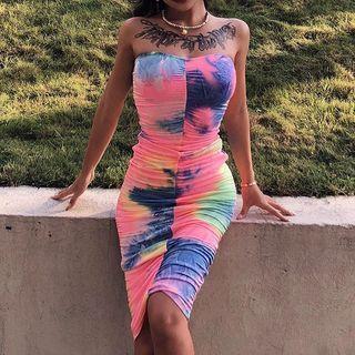 Ruched Tie-dyed Strapless Midi Bodycon Dress