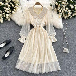Lapel Lace Panel Dotted Mesh Dress