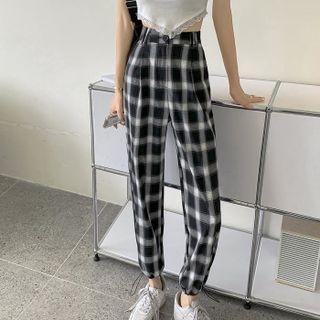 High-waist Plaid Gathered Cuff Pants