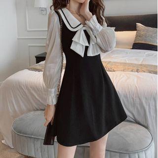 Long-sleeve Wide-collar A-line Mini Dress