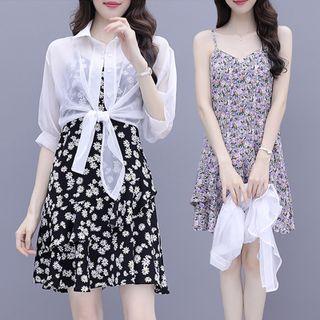 Set: Elbow-sleeve Chiffon Shirt + Spaghetti Strap Floral Print Mini A-line Dress