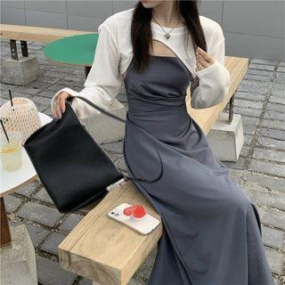 Long-sleeve Cropped T-shirt / Open Back Lace Up Midi A-line Dress