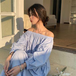 Long-sleeve Cold Shoulder Midi A-line Dress Blue - One Size
