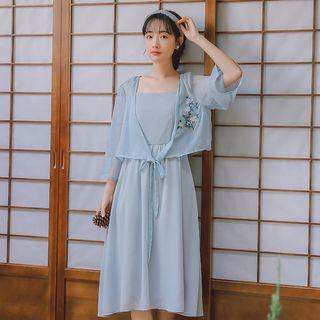 3/4-sleeve Chiffon Light Jacket / Spaghetti Strap A-line Midi Dress