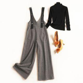 Set: Long-sleeve Mock-neck Top + Embellished Wide-leg Jumper Pants