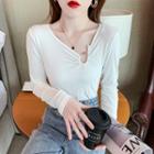 Asymmetrical Long-sleeve Faux Pearl T-shirt