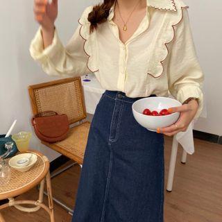 Long-sleeve Collared Ruffle Trim Blouse