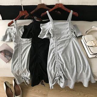 Short-sleeve Cold Shoulder Drawcord A-line Dress