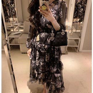 Set: Ruffle Layered Floral Print Dress + Slipdress Black - One Size