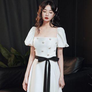 Puff-sleeve Faux Pearl Midi A-line Dress