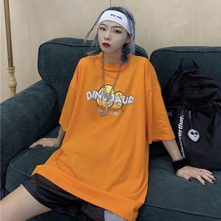 3/4-sleeve Print T-shirt Tangerine - One Size