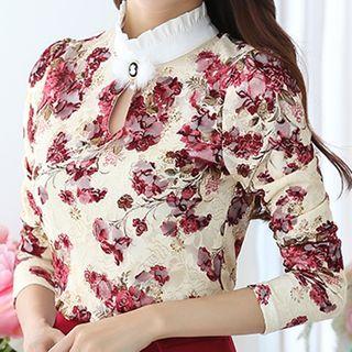 Long-sleeve Floral Print Lace Blouse