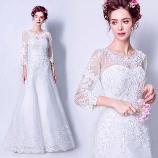 3/4-sleeve Lace Applique Wedding Dress