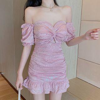 Off-shoulder Sequined Ruffled Dress