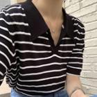 Polo Collar Color-block Striped Short-sleeve Knit Top