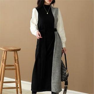 Balloon-sleeve Color-block Dress With Sash