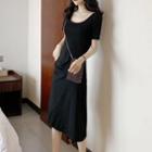 Open Back Short-sleeve Midi A-line Dress Black - One Size