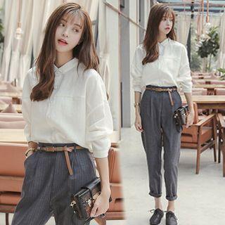 Set: Long Sleeve Plaid Blouse + Dress Pants