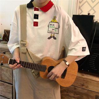 3/4-sleeve Printed Polo Shirt White - One Size