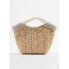 Faux-pearl Rattan Tote Bag With Strap Beige - One Size