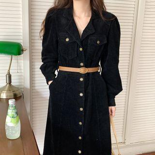 Set: Long-sleeve Button-up Midi A-line Corduroy Dress + Belt