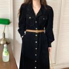 Set: Long-sleeve Button-up Midi A-line Corduroy Dress + Belt