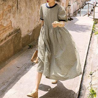 Puff-sleeve Print A-line Midi Dress