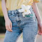 Flower-embroidered Washed Straight-cut Jeans