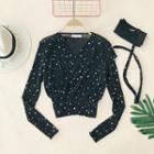 Long-sleeve Star Print Knit Top Black - One Size