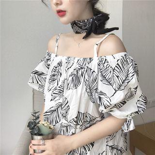 Leaf Print Off-shoulder Short-sleeve A-line Dress
